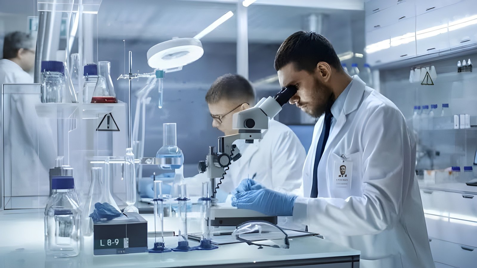 Scientists working with microscopes and glassware in a laboratory